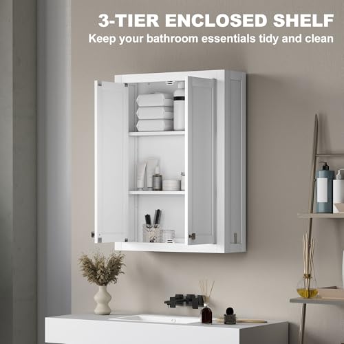 HOMCOM Bathroom Wall Cabinet Modern Medicine Cabinet Wall Mounted White | Over The Toilet Space Saver, 2 Doors, 2 Adjustable Shelves
