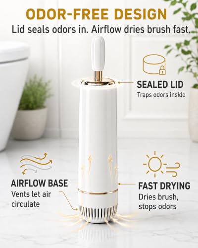Toilet Brush Set, Dense Nylon Bristles, Wall Mount, Non-Scratch, White Gold | 16.5" Handle | Splash-Proof | Odor-Locking Lid | Ventilated Base | Hideaway Brush Head | Thick ABS | 2 Adhesive - color: White Gold