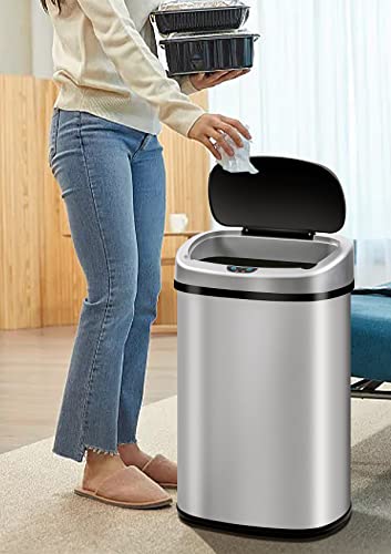 13 Gallon/50 L Kitchen Trash Can With Stainless Steel Touch-Free Lid, Automatic Motion Sensor Garbage Can for Bathroom, Brushed Finish - color: Stainless Steel