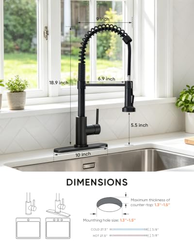 Kitchen Faucet with Pull Down Sprayer Matte Black | 1 Handle Spring Sink Faucets, Lead-Free NSF Certified Stainless Steel,1 or 3-Hole Deck Plate,Farmhouse, RV, Bar, Laundry Room - color: B - Black