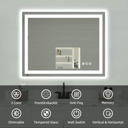 40"x 32" LED Bathroom Mirror with Lights, Double Lights Dimmable, Anti-Fog, Front and Backlit LED Mirror for Bathroom, Lighted Bathroom Vanity Mirror with Tempered Glass (Horizontal/Vertical) | Front & Backlit, Anti-Fog, Dimmable, Memory Function, Tempere