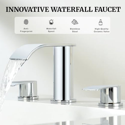 Ultimate Unicorn 8 inch Bathroom Faucet Chrome, Waterfall Bathroom Faucet with Metal Pop-up Sink Drain Stopper and 2 Supply Hoses,2 Handle Widespread Faucets for Vanity Sink 3 Holes | Waterfall Bathroom Faucet with Metal Pop-up Sink Drain and 2 Supply Hos