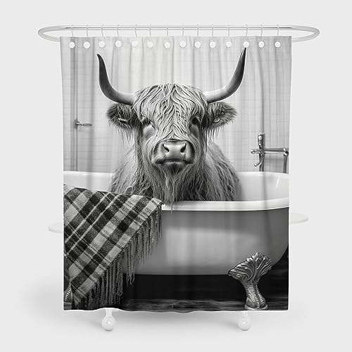 Funny Highland Cattle Cow Bull Shower Curtain, Black and White Cattle Bathing in The Bathtub Shower Curtains Set, Humor Western West Farmhouse Shower Curtains with Hooks 72x72inch - color: Grey, size: 72"W x 72"L (Pack of 1)