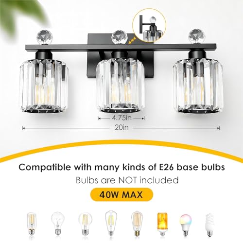 3-Light Black Modern K9 Crystal Vanity Lights, Black Bathroom Light Fixtures Stainless Steel Crystal Vanity Light Fixture | Black Bathroom Light Fixtures Stainless Steel Crystal Vanity Light Fixture - color: Black, size: Linear-3-Light