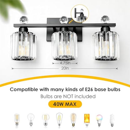 3-Light Black Modern K9 Crystal Vanity Lights, Black Bathroom Light Fixtures Stainless Steel Crystal Vanity Light Fixture | Black Bathroom Light Fixtures Stainless Steel Crystal Vanity Light Fixture - color: Black, size: Linear-3-Light
