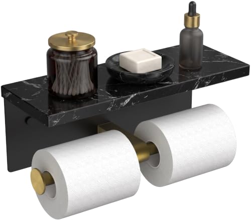 FORIOUS Toilet Paper Holder with Shelf, Commercial Toilet Paper Dispensers | Brushed Gold | Wall Mount Bathroom Tissue Holder | SUS304 Stainless Steel Rustproof | Double Tissue Roll Holder - color: Black & Gold-marble
