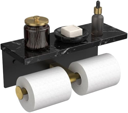 FORIOUS Toilet Paper Holder with Shelf, Commercial Toilet Paper Dispensers | Brushed Gold | Wall Mount Bathroom Tissue Holder | SUS304 Stainless Steel Rustproof | Double Tissue Roll Holder - color: Black & Gold-marble