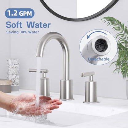 VXV Brushed Nickel Bathroom Faucet 3 Hole Widespread with Easy Installation, 2-Handle 8 Inch Bathroom Sink Faucet 360° Swivel Spout, Pre-Attached Hoses & Drain Included, Vanity Faucet for Bath Sink - color: Sleek Brushed Nickel