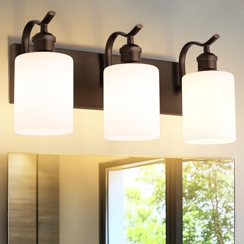 3 Light Bathroom Vanity Light, Morden Vanity Lighting Fixtures Over Mirror Oil Rubbed Bronze Bathroom Sconces Wall Lighting with Milky White Frosted Shade ZCVL01ORBW-3 - color: Oil-Rubbed Bronze & Milk Glass, size: 3 LIGHT