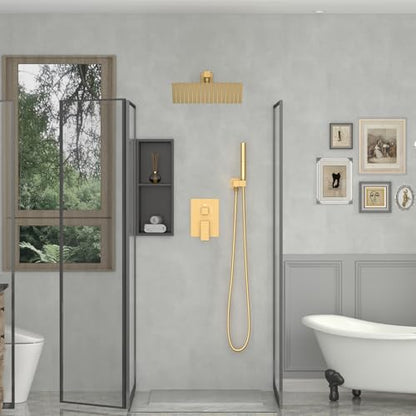 12 In Rain Shower Head High Pressure Rainfall Shower Head Brushed Gold | Square Rain Bathroom Showerhead, High Flow, Large Stainless Steel, Ceiling Mounted, Wall Mounted, Waterfall Full Body - color: Brushed Gold, size: 12 Inch