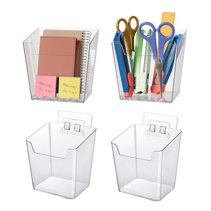 Clear Adhesive Wall Storage Bins 4-Pack Cabinet Door Organizer Cups(Medium) | Clear PET Hanging Wall Mount Pockets, Plastic Caddy for Shower Bathroom Makeup Office Craft Kitchen Sink RV Organization - size: Medium