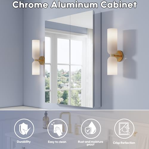 28" x 36" Bathroom Medicine Cabinet with Mirror, Anodized Chrome Aluminum Frame, Surface Mount or Recessed Medicine Cabinet with Mirror, Bathroom Mirror with Storage, Double Doors - size: 28"x36"-A