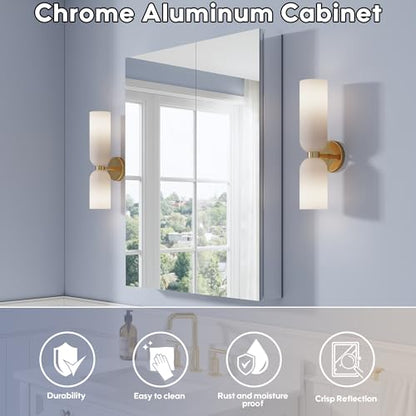 28" x 36" Bathroom Medicine Cabinet with Mirror, Anodized Chrome Aluminum Frame, Surface Mount or Recessed Medicine Cabinet with Mirror, Bathroom Mirror with Storage, Double Doors - size: 28"x36"-A