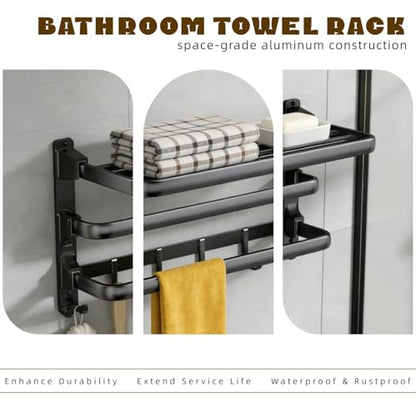 Towel Rack Wall for Bathroom Lavatory Hotel, 24 Inch Foldable Towel Shelf with 2 Towel Holder Bar and 7 Hooks, Black Matte Towel Storage Organizer Mounted, Drill-in or Adhesive Installation
