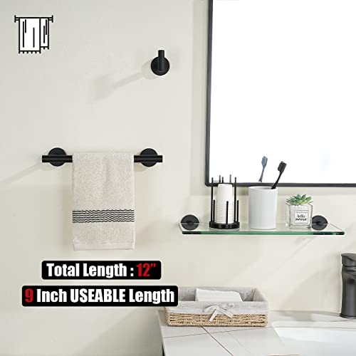 JQK Black Towel Bar, 12 Inch 304 Stainless Steel Thicken 0.8mm Hand Towel Rack, Bathroom Towel Holder Matte Black Wall Mount, Useable Length 9 Inch TB110L9-PB - color: Black, size: 12 Inch