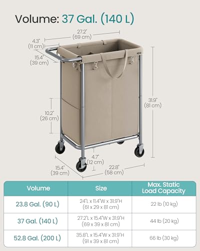 SONGMICS Laundry Basket with Wheels, 2-Section Rolling Laundry Hamper, 37 Gallons (140 L), Removable Liner, Steel Frame with Handle, 27.2 x 15.4 x 31.9 Inches, Camel Brown URLS004N01 - color: Camel Brown, size: 140 L (2-Section)