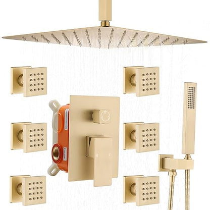 Enga Brushed Gold Rain Shower System with Body Jets, 12 inch Rain Shower Body Spray Jets System Ceiling Mounted Shower Faucet Set with 3-Function Brass Shower Valve - color: Brushed Gold, style: Ceiling Mount - 6 Jets