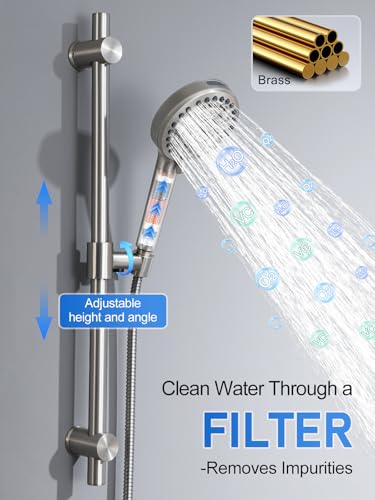 Woindo Shower Faucet Set with Slide Bar, 12" Rain Shower Head/8'' Side Shower Head and 10 Setting Handheld Ceiling Mount 3 Push Button Diverter Complete Rainfall Shower System Included Valve Trim Kit - color: Brushed Nickel, style: 12"-R-Ceiling-02