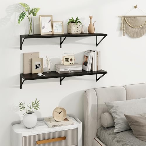 Deep Floating Shelves, 36'' x 10'' Black Wall Shelves Set of 2 | 10 Inch Deep Shelves with Heavy Duty Brackets, Rustic Wood Shelves for Bathroom Living Room, Engineered Wood, 45LBS - color: Black, size: 36W x 10D