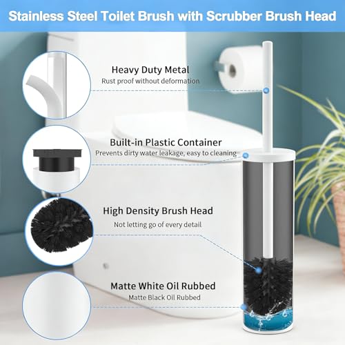 Stainless Steel Toilet Brush and Holder Set Brushed Silver Heavy Duty Toilet Bowl Brush with Long Handle for Bathroom and Farmhouse (White) - color: White