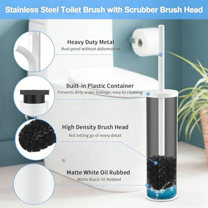 Stainless Steel Toilet Brush and Holder Set Brushed Silver Heavy Duty Toilet Bowl Brush with Long Handle for Bathroom and Farmhouse (White) - color: White