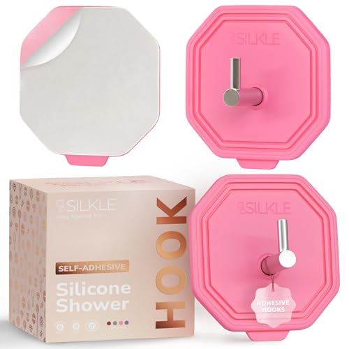 SILKLE Silicone Shower Hooks for Inside Shower, 2-Pack Adhesive Towel Hooks | Adhesive Shower Hooks, No Drill - Razor & Loofah Holders for Shower Wall, Heavy-Duty, Waterproof, Damage-Free - Pink - color: Pink