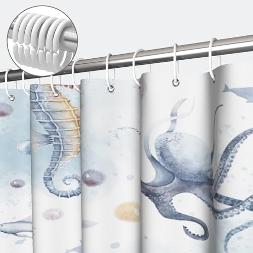 Yeele Ocean Creatures Watercolor Shower Curtain, Turtle Octopus Blue Print Shower Curtain, Waterproof Machine Washable Fabric Bath Curtain 36x72 Inch with Grommets and Hooks - color: Blue 1, size: 36"W x 72"L (Pack of 1)