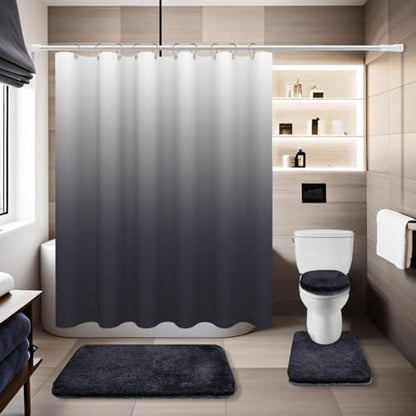 Shower Curtain Sets with Rugs and Adjustable Toilet Seat Cover | 4 Pcs Dark Grey Bathroom Sets with Shower Curtain and Rugs and Microfiber Toilet Lid Cover - color: Dark Grey
