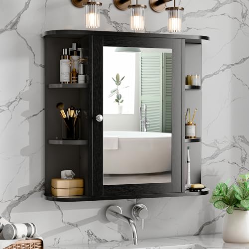 Bathroom Mirror Cabinet Wall Mounted, Bathroom Medicine Cabinet with Mirror and 6 Open Shelves, Modern Wall Cabinet, Black - color: Black