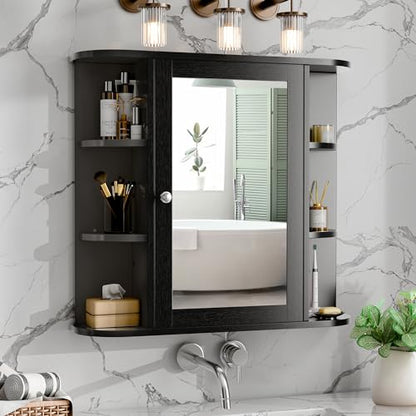 Bathroom Mirror Cabinet Wall Mounted, Bathroom Medicine Cabinet with Mirror and 6 Open Shelves, Modern Wall Cabinet, Black - color: Black