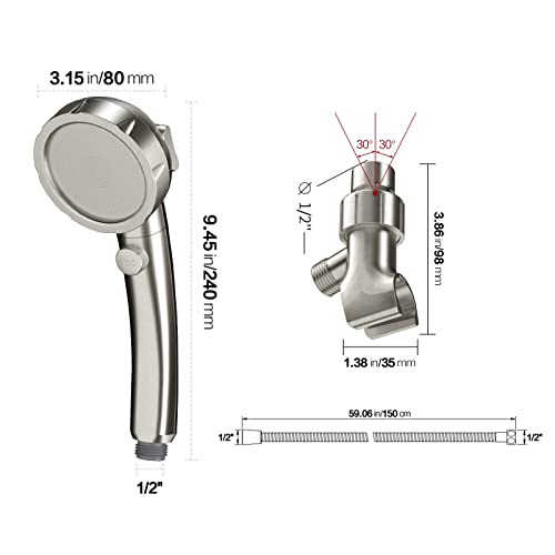 KAIYING Brushed Nickel High Pressure Handheld Shower Head with ON/OFF Switch, 3 Spray Modes, Adjustable Angle Bracket, and Hose | 3 Spray Modes Shower Wand with Shut Off Button, Camper & RV Showerhead with Hose & Angle Adjustable Bracket, Brushed Nickel -