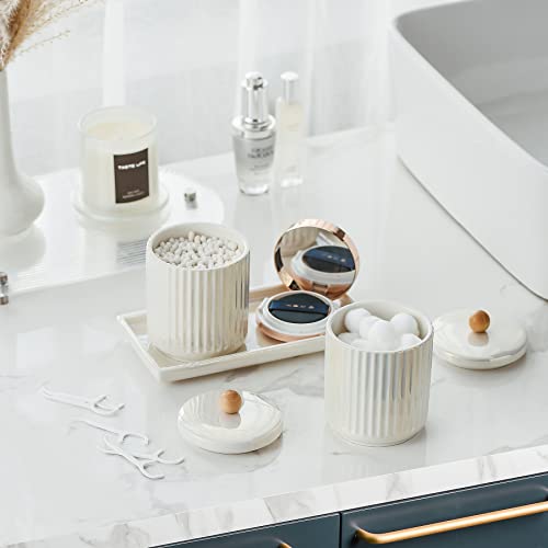Ceramic Bathroom Canister Set with Coordinating Small Vanity Tray White | Qtip Holder Dispenser for Cotton Ball ,Swab,Pads , Floss, Bathroom Storage Jars with Lids White Small Tray