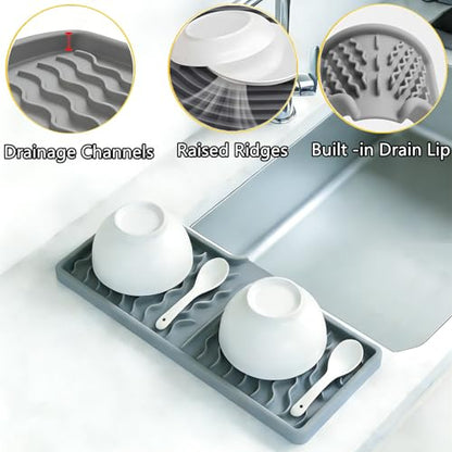 Dish Drying Mat, Silicone Dish Drying Mat for Kitchen Counter, Drainer Pad with Built-in Drain, Non-Slip, Heat Resistant Draining Pad (Gray, 10" x 5.5")