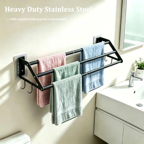3-Layers Bathroom Towel Bar Wall Mounted, Adhesive Bath Towel Holder Rack | Stainless Steel, Adhesive or Screw-in, 13.5"-24.5" Adjustable Design, Black Hand Towel Rod with Hooks for Home Kitchen Toilet