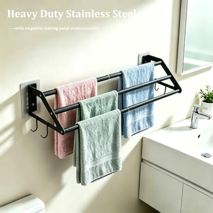 3-Layers Bathroom Towel Bar Wall Mounted, Adhesive Bath Towel Holder Rack | Stainless Steel, Adhesive or Screw-in, 13.5"-24.5" Adjustable Design, Black Hand Towel Rod with Hooks for Home Kitchen Toilet
