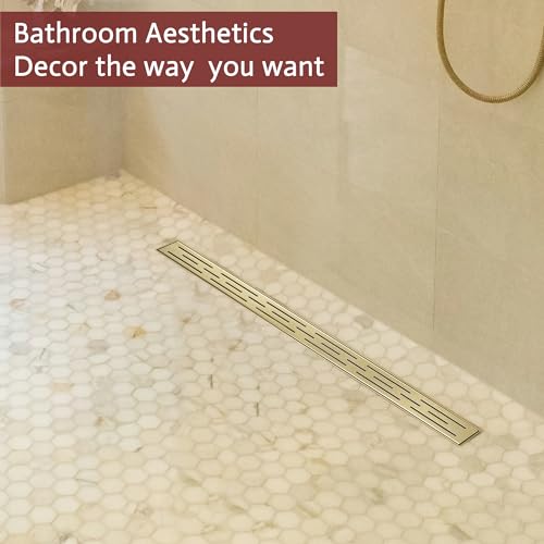 Linear Shower Drain, 12" Brushed Gold, Easy to Install & Clean | Including Hair Catcher & Removable Grate, Fits No-hub System, 304 Stainless Steel(Drain Base Not Included) - color: Brushed Gold, size: 12 Inch