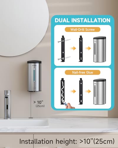 AIKE Automatic Liquid Soap Dispenser,25oz Capacity for Bathroom,Brushed | No-Drill and Screw Wall Mount Install Design for Space-Saving,4*AA batteries(Not Included) Ensure Long Standby,Model AK1205E - color: Brushed Stainless Steel