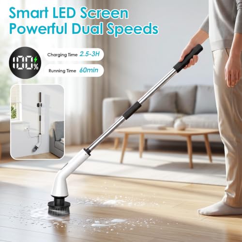 Electric Spin Scrubber for Bathroom,Power Cleaning Brush with 7 Replaceable Brush Heads, Adjustable Long Handle, Cordless Electric Shower Scrubber for Home, Floor, Kitchen & Car
