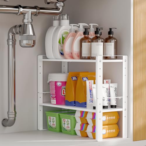 2 Pack Expandable Cabinet Organizer Shelves, 88lbs High Weight Capacity, Stackable Heavy-Duty Metal Storage Rack, Adjustable Cabinet Shelf for Kitchen, Pantry, Cupboard, Under Sink, White - color: White
