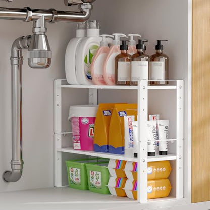 2 Pack Expandable Cabinet Organizer Shelves, 88lbs High Weight Capacity, Stackable Heavy-Duty Metal Storage Rack, Adjustable Cabinet Shelf for Kitchen, Pantry, Cupboard, Under Sink, White - color: White
