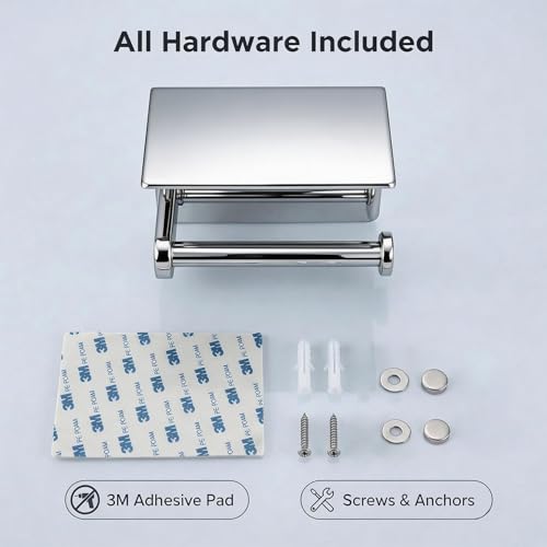 Toilet Paper Holder with Shelf, Heavy-Duty Stainless Steel Bathroom Hardware, Self-Adhesive No-Drill/Drill-Mount Wall-Mounted Roll Holder, Rust-Proof Bathroom Tissue Rack (Chrome) - color: Chrome