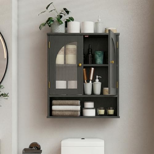 Black Bathroom Cabinet Wall Mounted with Tempered Glass Doors,Wooden Medicine Cabinet with Adjustable Shelf Open Shelf,Over The Toilet Space Saver Storage Cabinet - color: Black With Fluted Glass