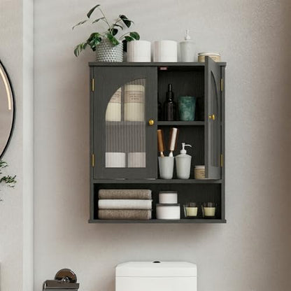 Black Bathroom Cabinet Wall Mounted with Tempered Glass Doors,Wooden Medicine Cabinet with Adjustable Shelf Open Shelf,Over The Toilet Space Saver Storage Cabinet - color: Black With Fluted Glass