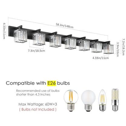 Aipsun Black Vanity Light Crystal Bathroom Lighting Fixtures Modern Bathroom Vanity Light 7 Light (Exclude Bulb) - color: Black, size: 58 inch