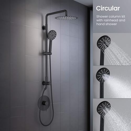 KIBI Circular Rain Shower Column, 2-Function, Solid Brass, Matte Black | 10in Rain Head Plus 3-Mode Handheld, Height-Adjustable, Brass Rough-in Valve, Pressure Balance, Wall-Mounted, KSC403 - color: Matte Black