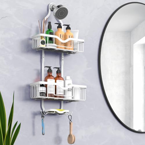 Shower Caddy Hanging, Bathroom Shower Rack, Bathroom Organizer with Soap Dish, Over The Showerhead Caddy with Hooks for Razor/Sponge, Soft White (Assembly Required) - color: Soft White