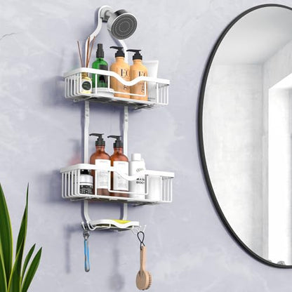 Shower Caddy Hanging, Bathroom Shower Rack, Bathroom Organizer with Soap Dish, Over The Showerhead Caddy with Hooks for Razor/Sponge, Soft White (Assembly Required) - color: Soft White