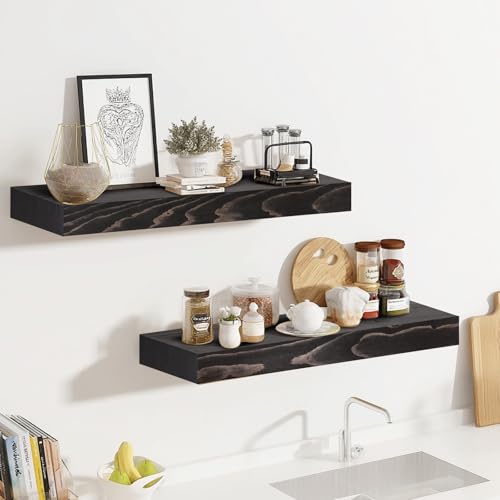Solid Wood Floating Shelves, 17 Inch Wall Shelves, Set of 2, Black | 8 Inch Deep, 1.6 Inch Thick, Extra-Wide Display Space, Mounting Hardware Included, For Kitchen, Bathroom and Living Room - color: Black, size: 17x8x1.6
