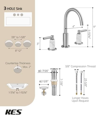 KES Natural Italian Carrara Marble Brushed Nickel Bathroom Faucet 3 Hole with All Metal Pop Up Sink Drain, 8 Inch Widespread Bathroom Sink Faucet for Vanity, 360° Swivel Spout, 18/8 Stainless Steel - color: Brushed Nickel