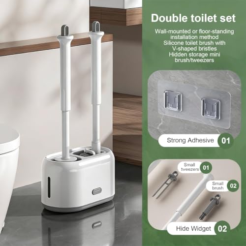 ROOM127 Wall-Mounted 2-in-1 Toilet Brush Set with Holder and Crevice Brush | Curved Under-Rim Bowl Brush with V-Shaped Crevice Scrubber and Long Handles for Tile Gaps, Grout Lines and Bathroom Corners